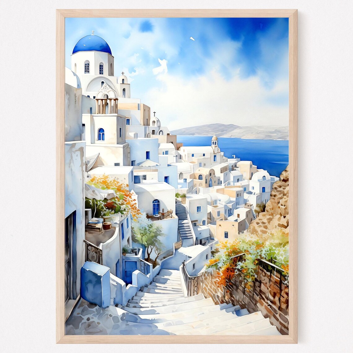Santorini Watercolor Painting Greece Travel Poster
