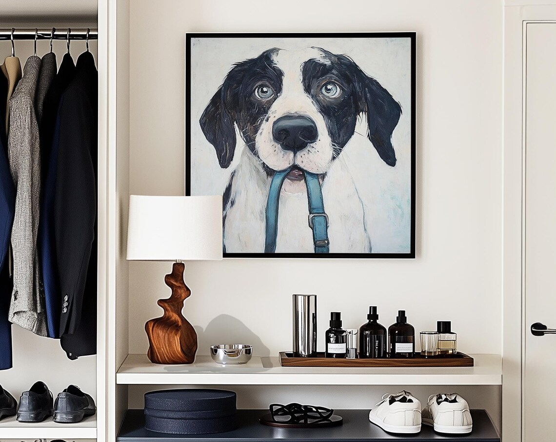 Expressive Dog Holding Blue Leash in Mouth Cute Pet Portrait Poster