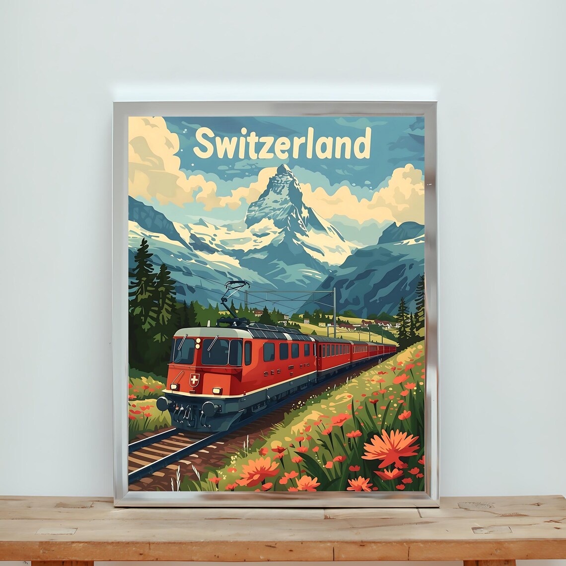 Switzerland Matterhorn Vintage Travel Poster Red Train Alpine Retro Art
