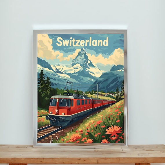 Switzerland Matterhorn Vintage Travel Poster Red Train Alpine Retro Art