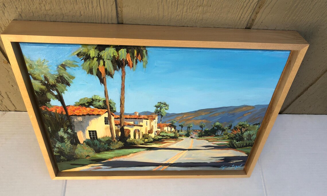 Santa Barbara Palm Street Red Tile Roofs Mountains Painting Poster - Image 3