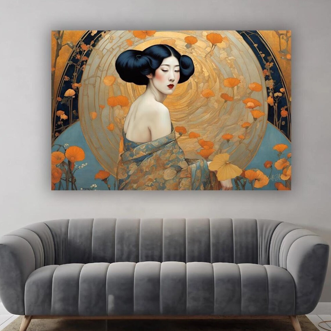 Art Nouveau Geisha Golden Halo Orange Blossom Elegant Portrait Poster