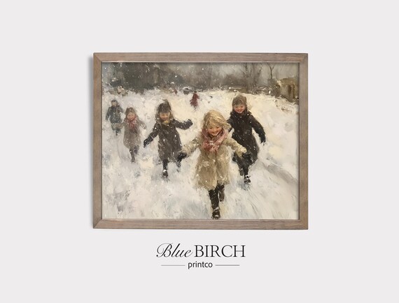 Children Playing In Falling Snow Vintage Impressionist Winter Scene Poster