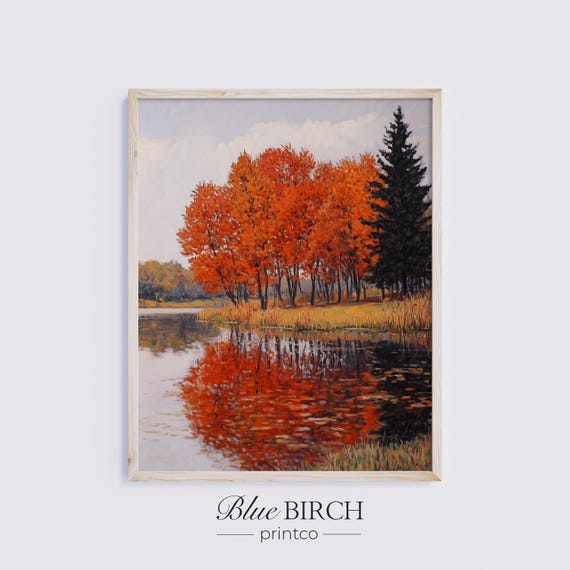 Autumn Maple Trees Tranquil Lake Reflection Fall Foliage Oil Painting Wall Art