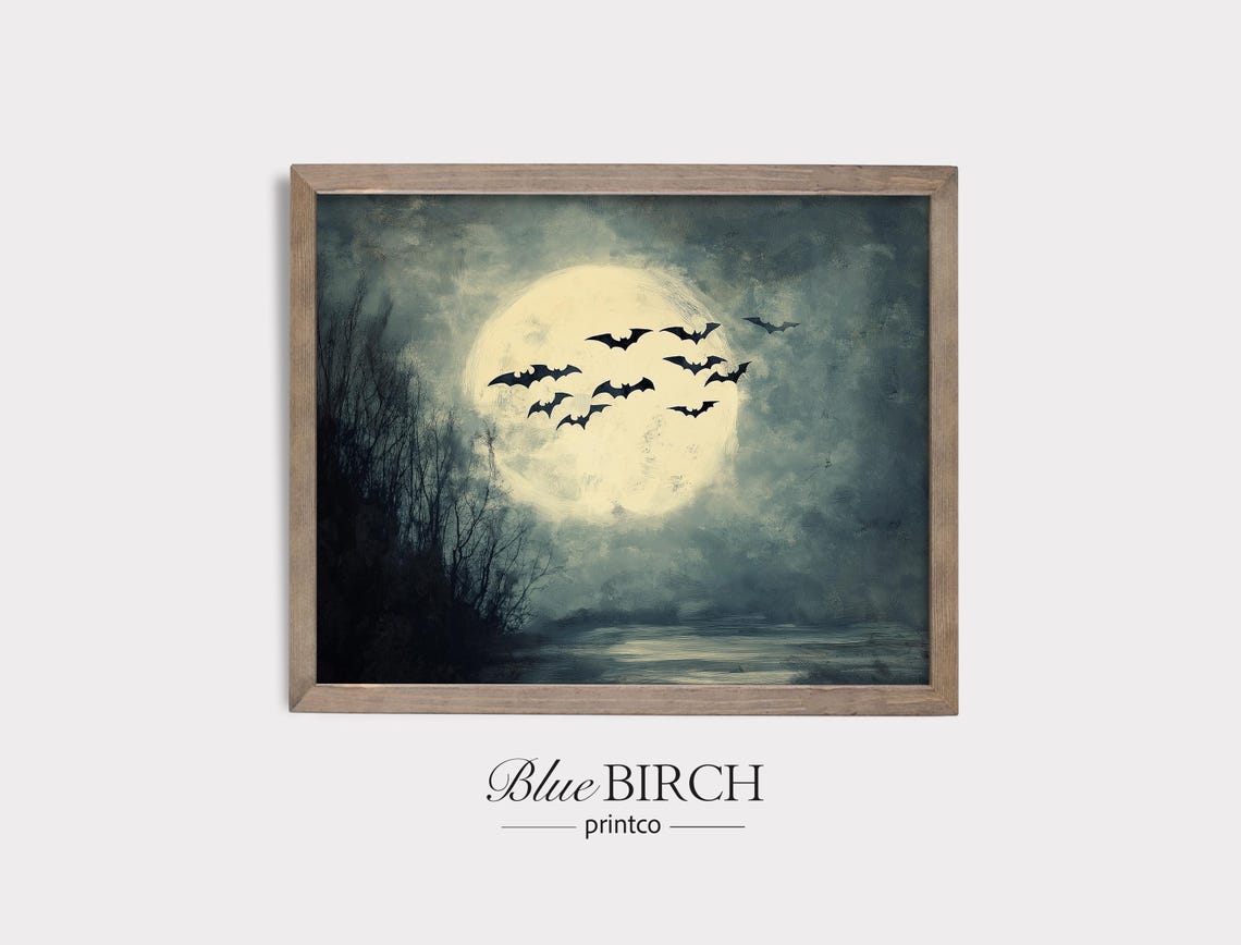 Spooky Full Moon Night Sky With Bats Dark Moody Forest Cottage Poster