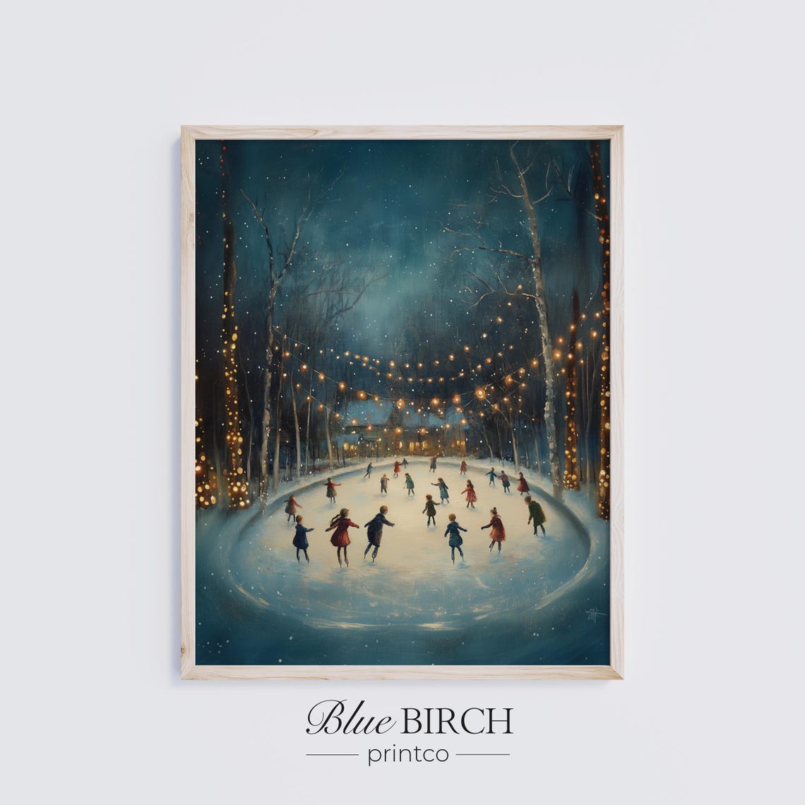 Night Ice Skating Frozen Pond String Lights Winter Forest Poster