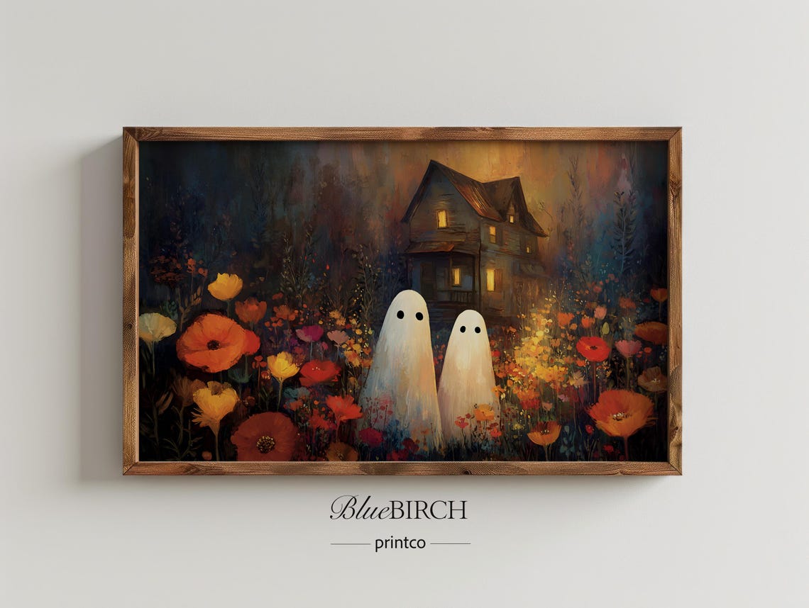 Cute Ghosts In Wildflower Field Haunted House Night Wall Art