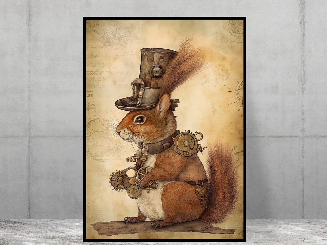 Steampunk Squirrel Mixed Media Style Art Print