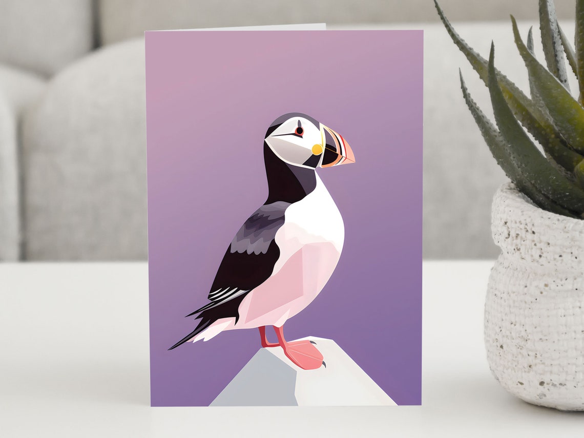 Puffin Minimalist Purple Greeting Card Bird Lover Art Poster