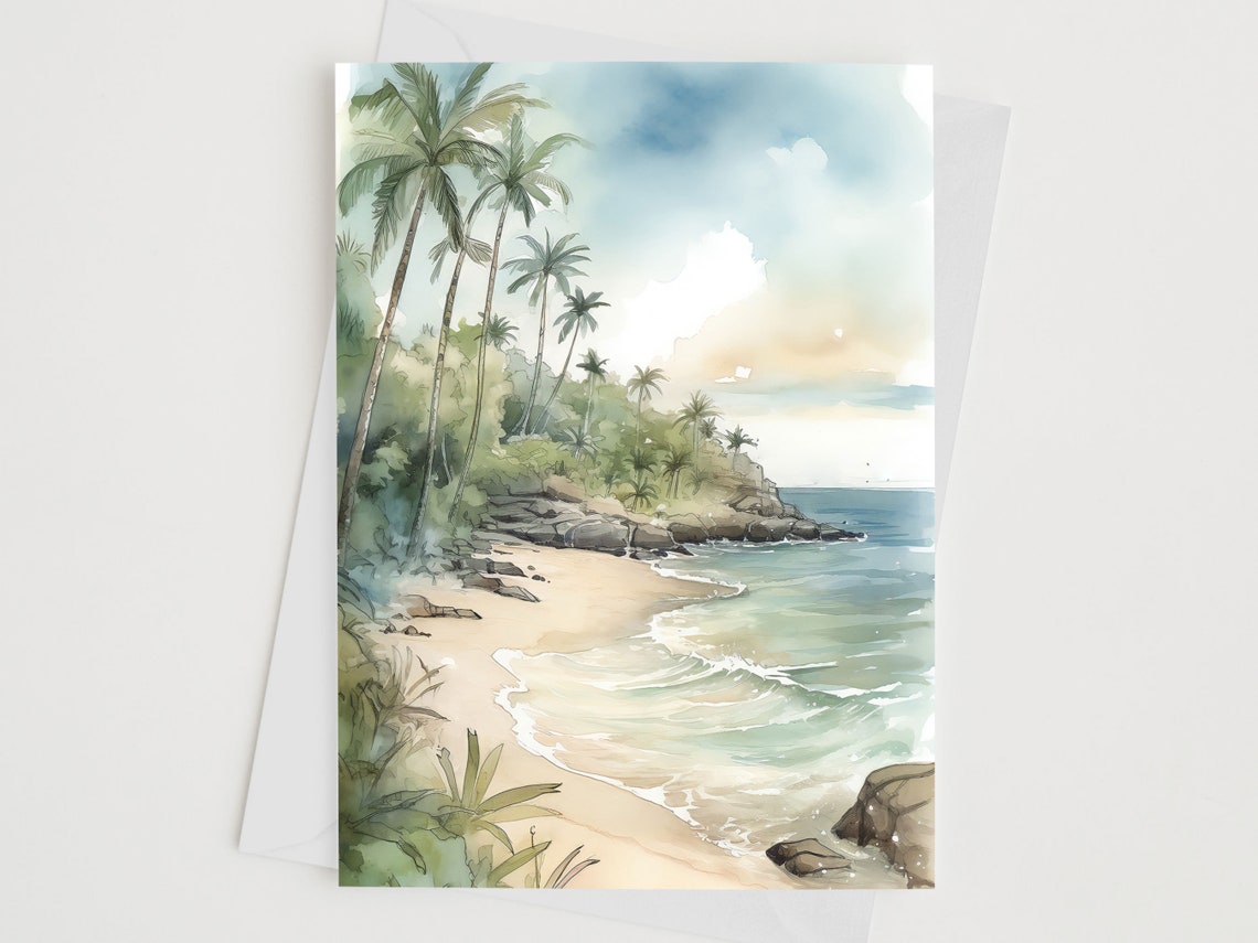 Tropical Island Beach Watercolor Art Print Palm Shore Beach Gift