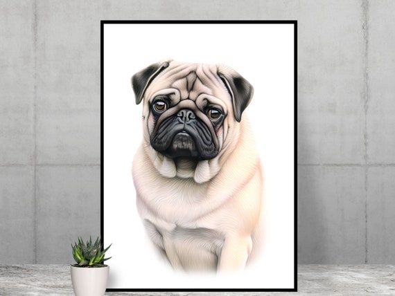 Pug Wall Art Animal Dog Print Colour Pencil Sketch Poster Modern