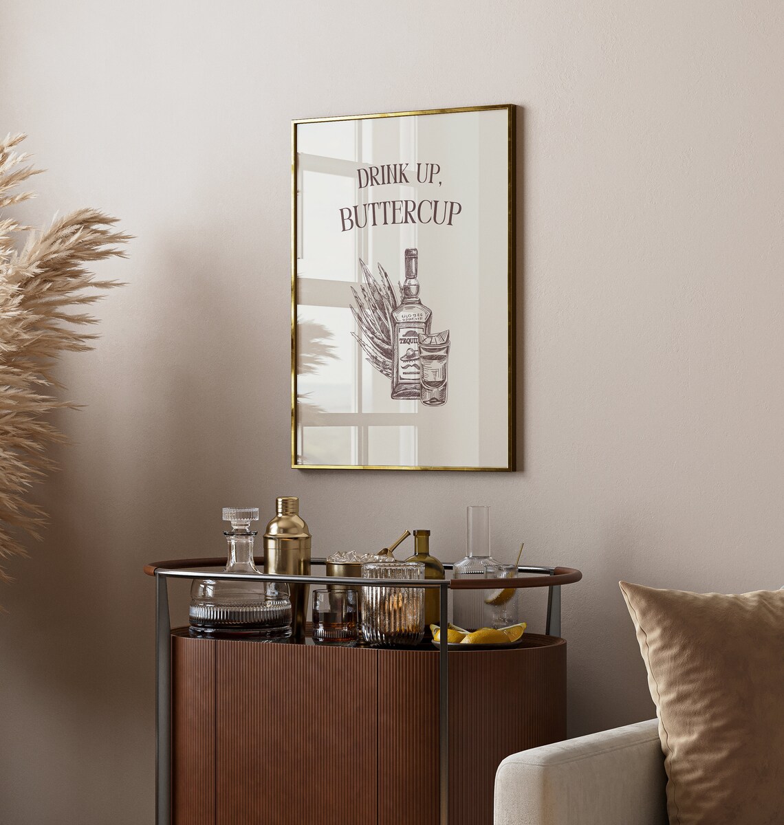 Drink Up Buttercup Tequila Shot Sketch Funny Bar Cart Cheers Poster - Image 3