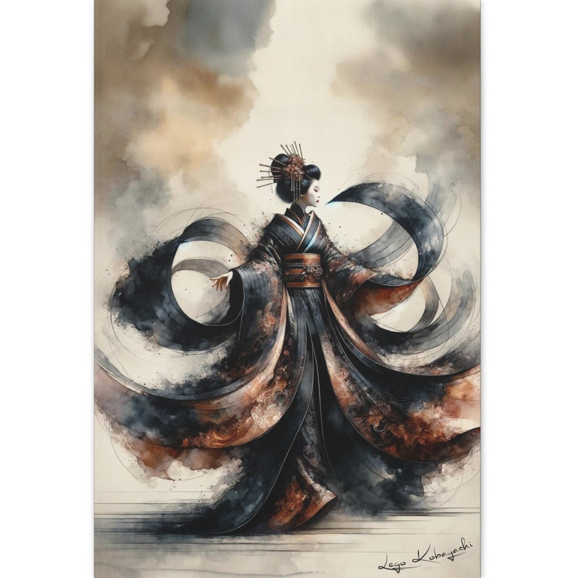 Japanese Geisha Black Ink Swirl Kimono Copper Obi Dramatic Art Poster