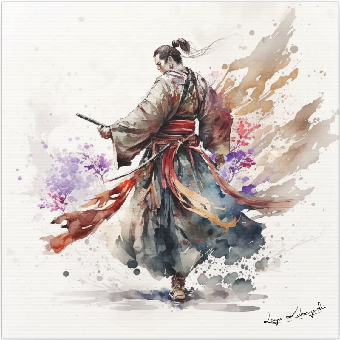 Japanese Samurai Walking Away Katana Splash Watercolor Wind Art Poster