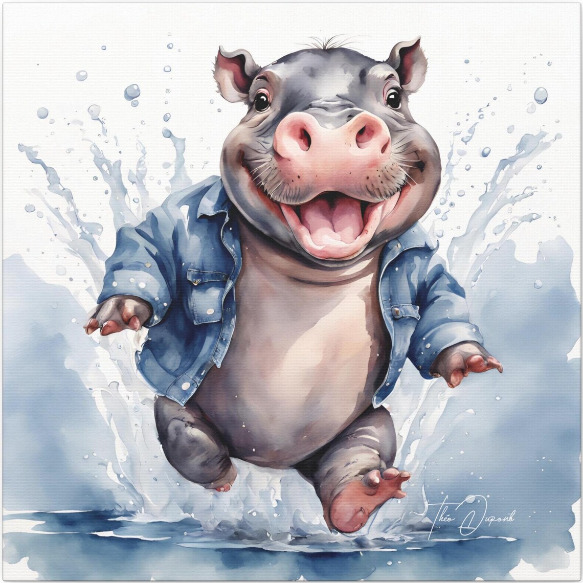 Baby Pygmy Hippo Wearing Denim Shirt Splashing Water Fun Poster