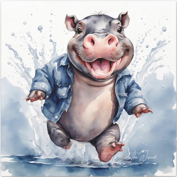 Baby Pygmy Hippo Wearing Denim Shirt Splashing Water Fun Poster