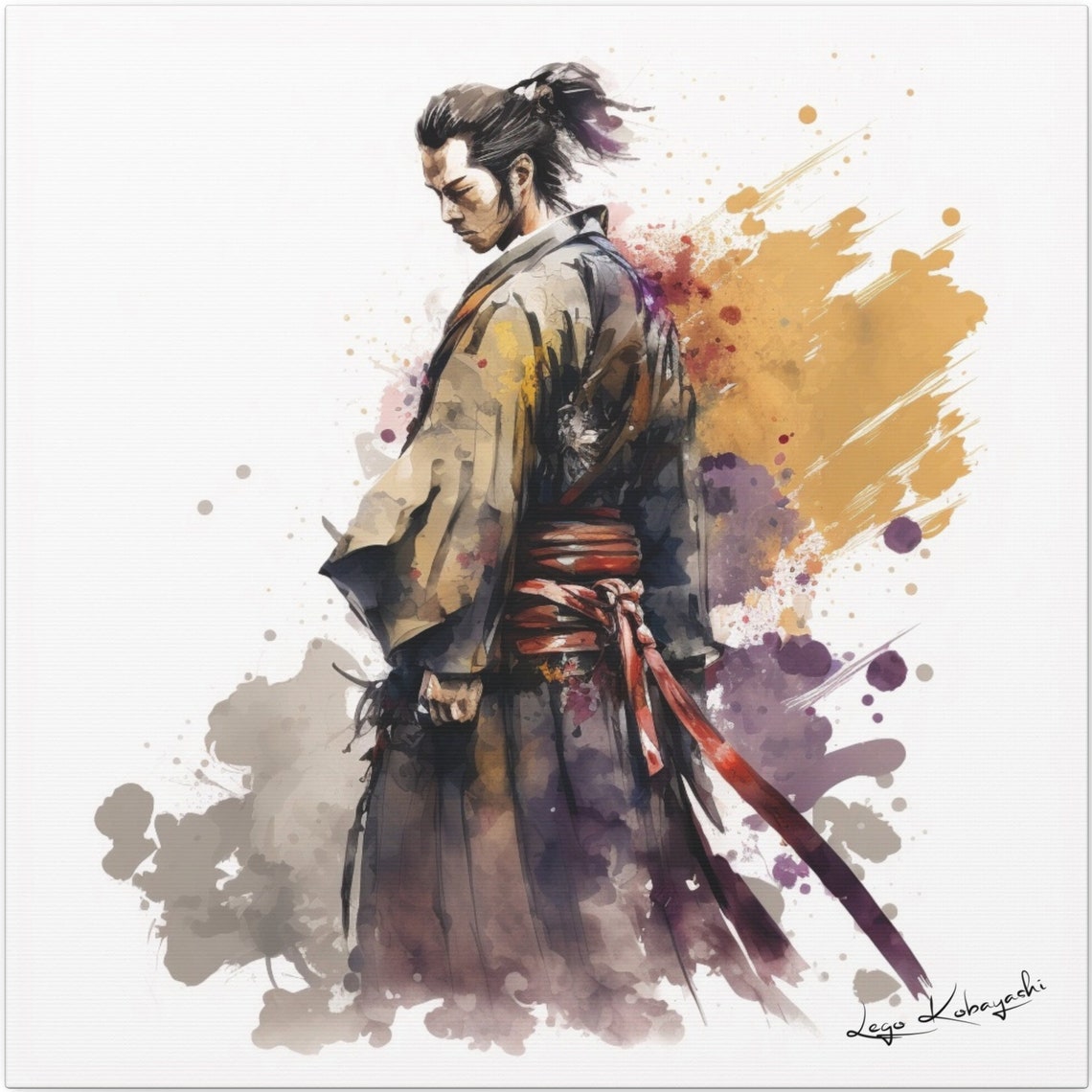 Japanese Samurai Side Profile Kimono Golden Splash Watercolor Poster