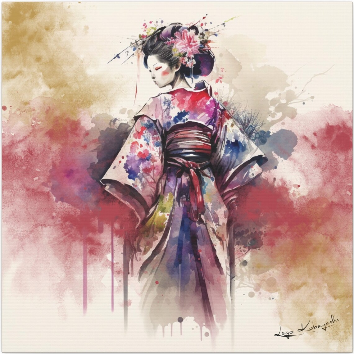 Japanese Geisha Colorful Kimono Back View Obi Knot Watercolor Poster