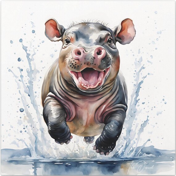 Baby Pygmy Hippo Jumping Out of Water Splash Watercolor Art Poster