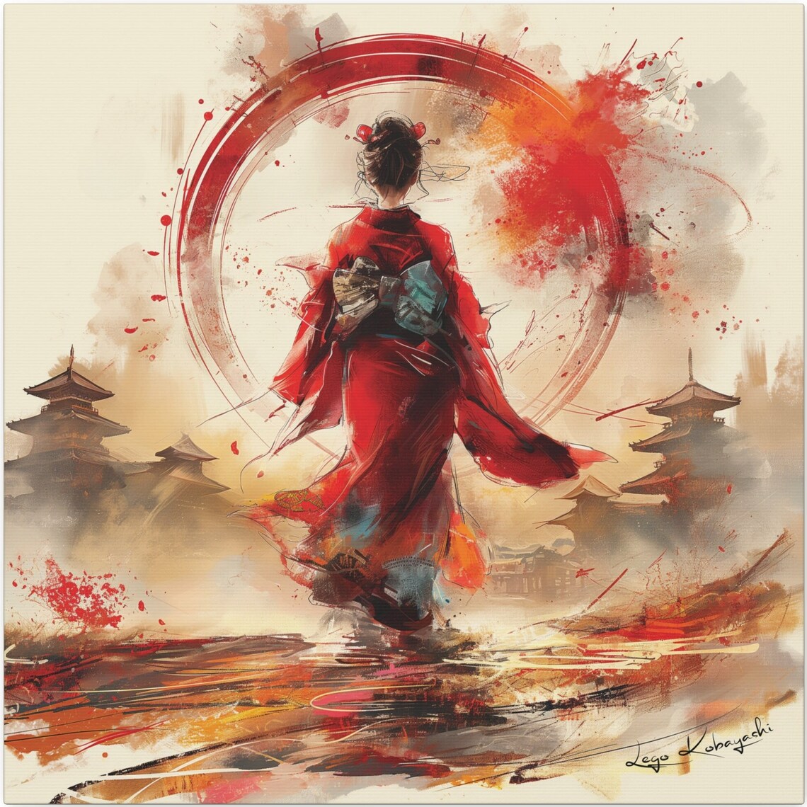 Japanese Geisha Red Kimono Enso Circle Pagoda Sunrise Bold Art Poster