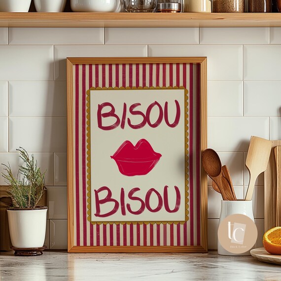 Bisou Bisou Red Lips Striped French Kiss Retro Kitchen Wall Poster