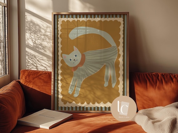 Playful White Cat Arching Back Striped Onesie Retro Nursery Art Poster