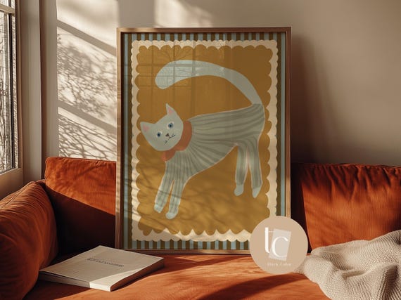 White Cat Dancing In Cute Onesie Nursery Wall Art Retro Kids Decor Animals Sleeping Gendre Neutral Whimsical Baby Print