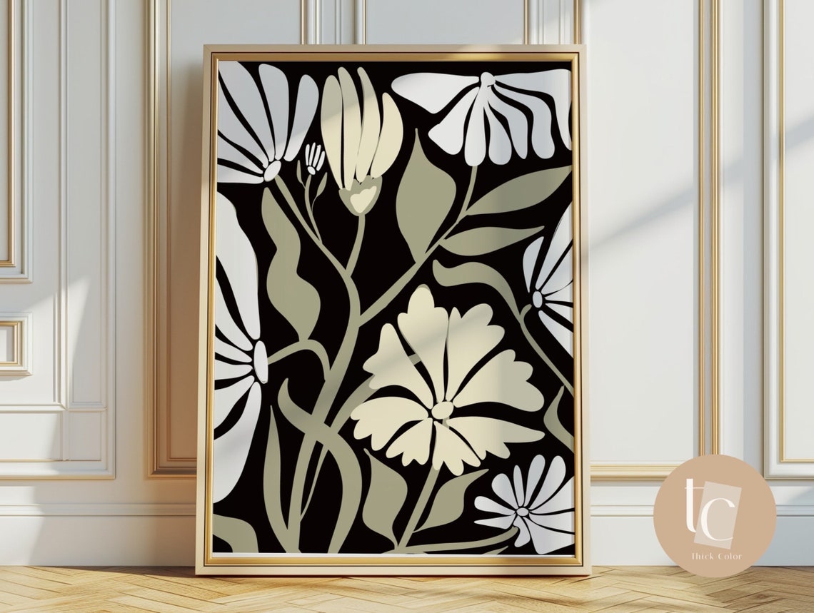 Cream White Botanical Flowers Silhouette on Black Noir Art Poster