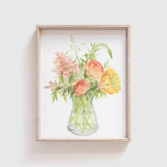 Flower Vase Watercolor Art Print, Floral Decor