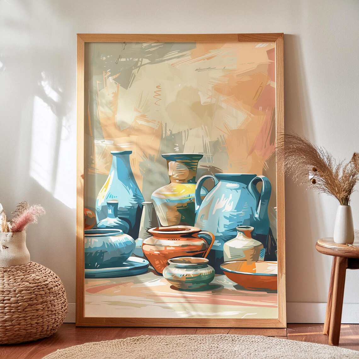 Tranquil Watercolor Pottery, Rustic Farmhouse Decor