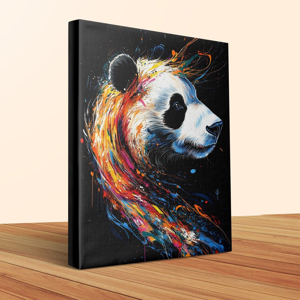 Panda Profile Rainbow Swirl Splash Painting Black Canvas Poster