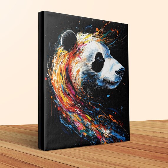 Panda Profile Rainbow Swirl Splash Painting Black Canvas Poster