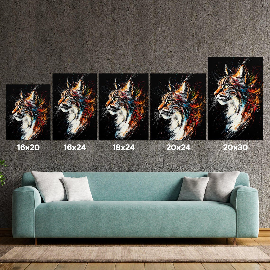 Wild Lynx Head Side View Teal Splash Black Canvas Wild Cat Wall Art - Image 5