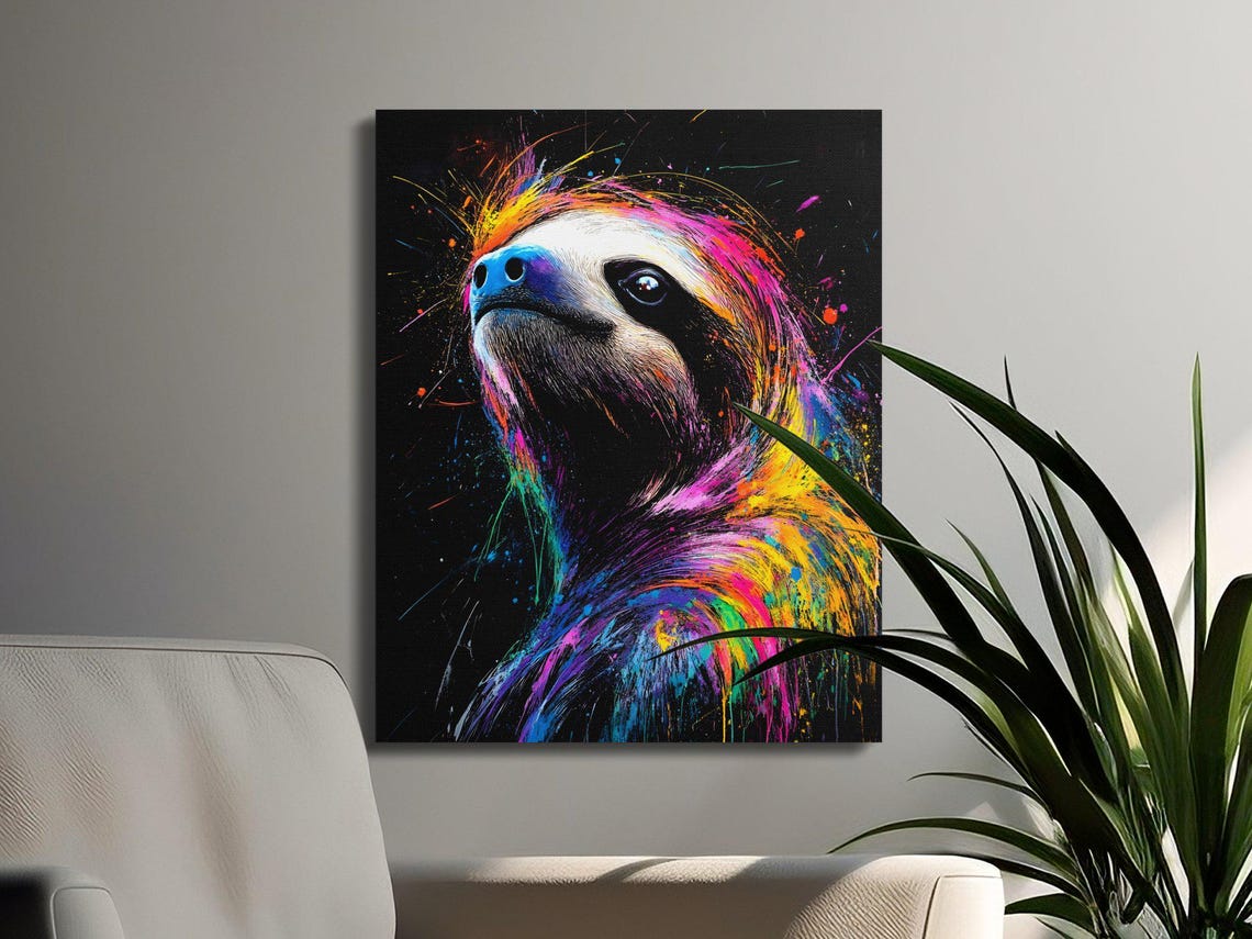 Dreamy Sloth Looking Up Rainbow Paint Splash Black Canvas Poster - Image 3