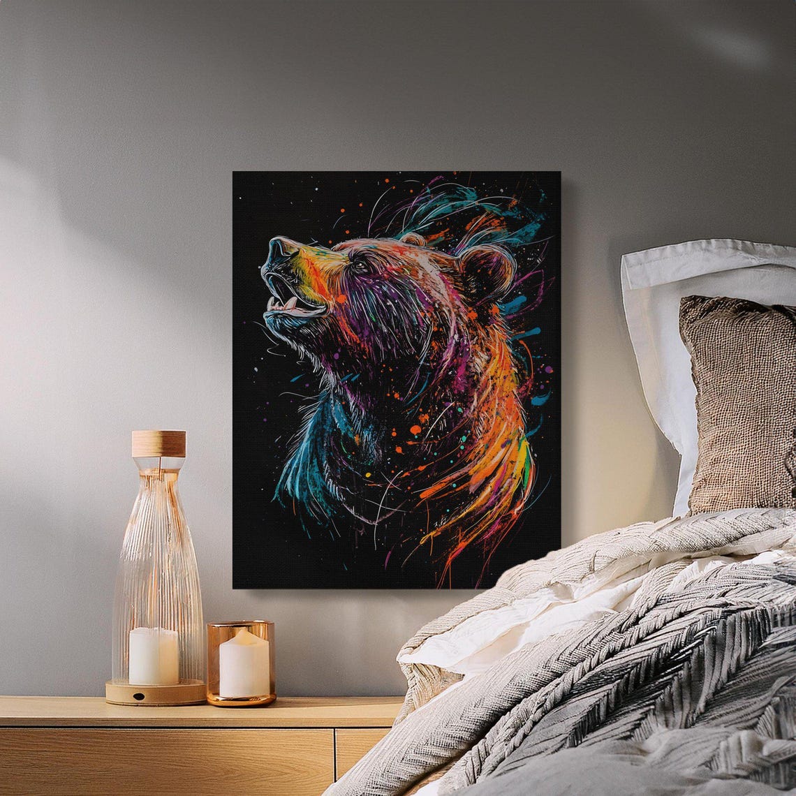 Colorful Bear Head Portrait Abstract Splash Art Canvas Wall Art - Image 2
