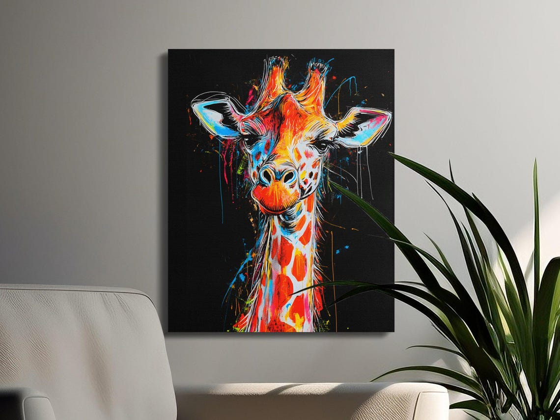 Cheerful Giraffe Front View Rainbow Splash Black Canvas Poster - Image 3