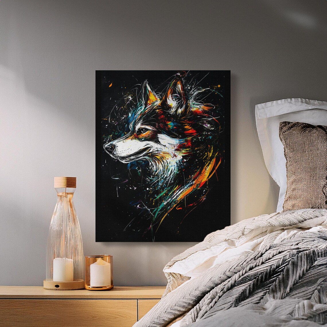 Colorful Husky Dog Profile Black Canvas Splash Art Wildlife Wall Art - Image 2
