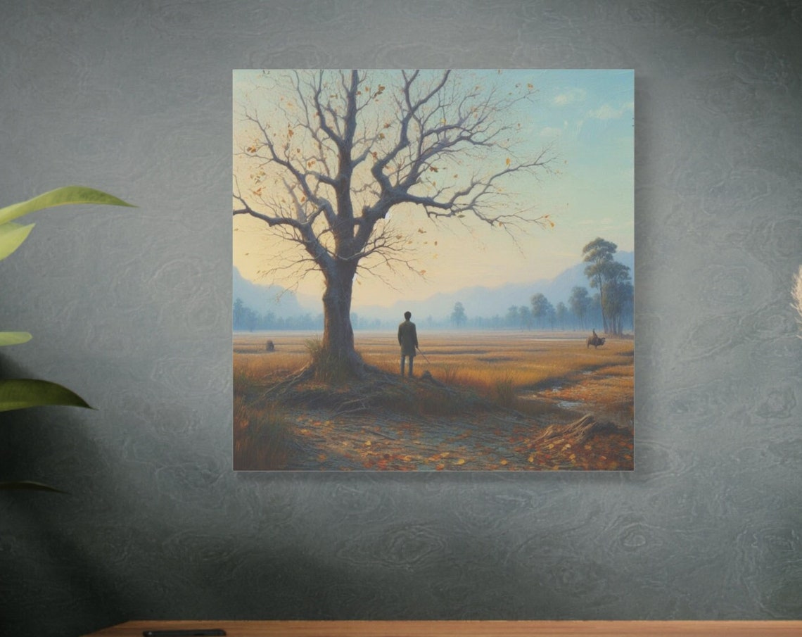 Lone Man Autumn Field Bare Tree Golden Dawn Landscape Art Poster
