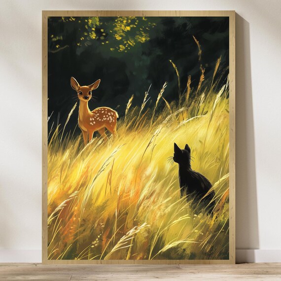 Black Cat And Fawn Poster Golden Wheat Field Wildlife Friendship Art