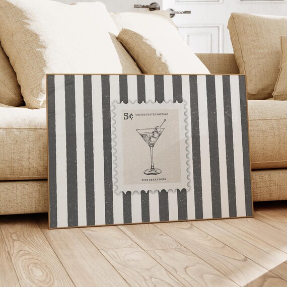 Martini Glass Vintage Postage Stamp Black White Striped Art Poster