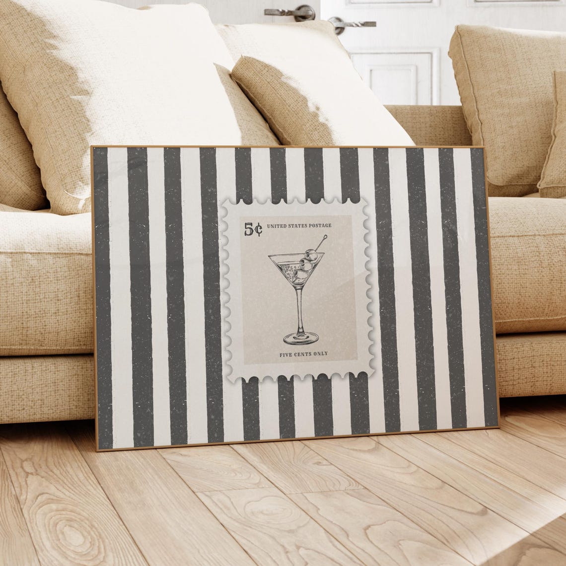 Martini Glass Vintage Postage Stamp Black White Striped Art Poster