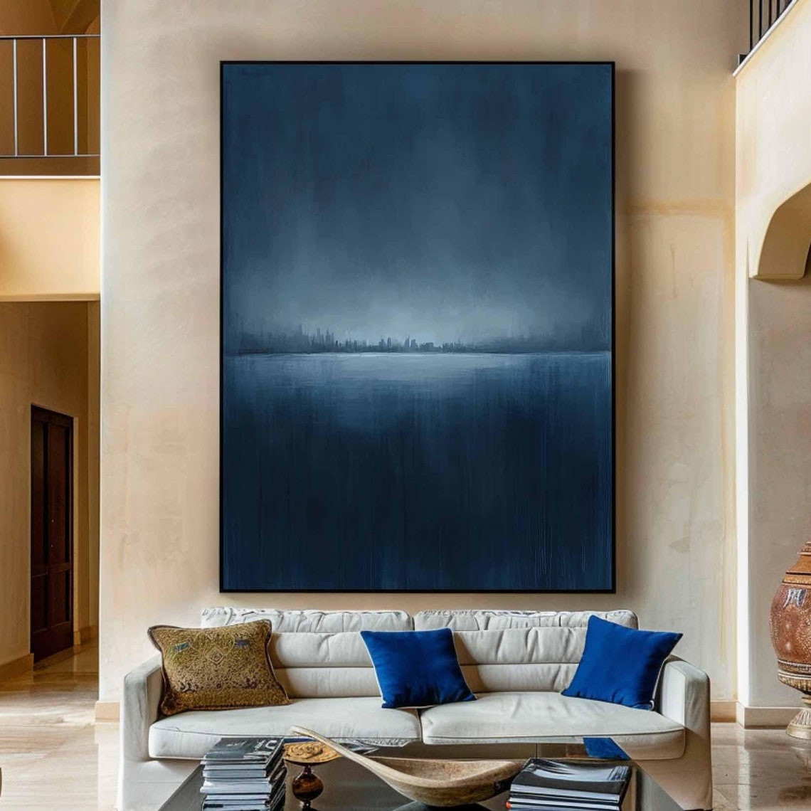 Midnight Blue Abstract Seascape Painting Soft Gradient Modern Wall Art