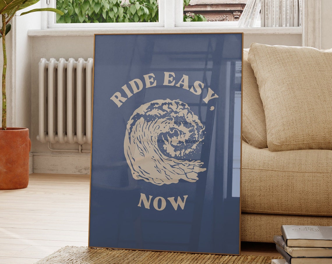 Ride Easy Now Retro Surf Wave Navy Blue Beach House Wall Poster
