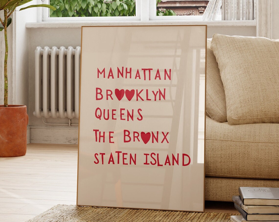 New York City Boroughs Red Heart Hand Lettered City Travel Poster