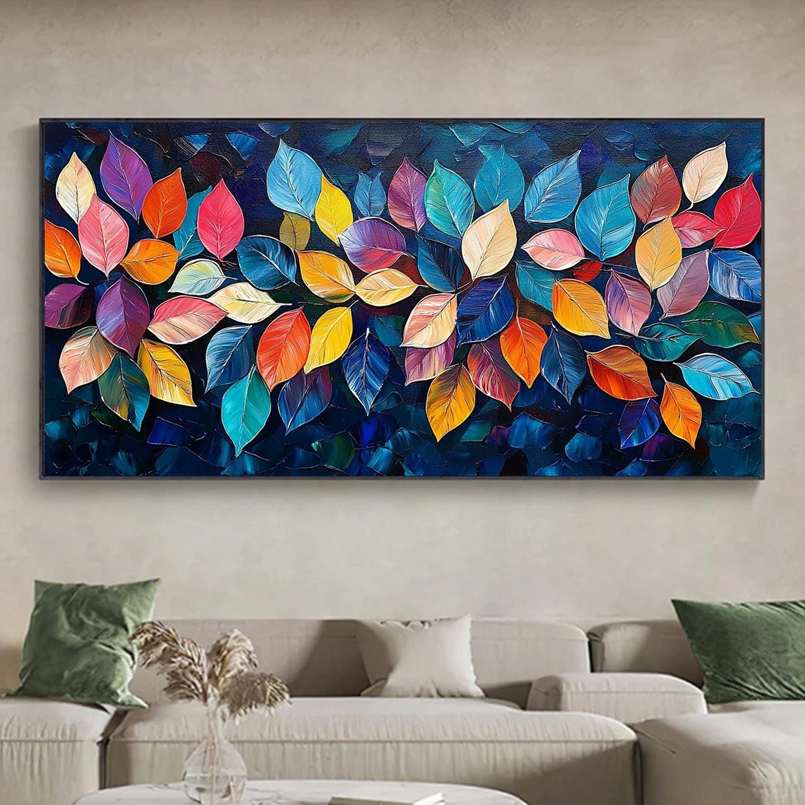 Vibrant Rainbow Leaves Cluster on Dark Blue Abstract Wall Art