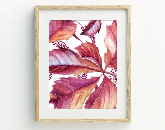 Autumn Leaves Watercolor Blush Pink Purple Fall Foliage Botanical Art Print