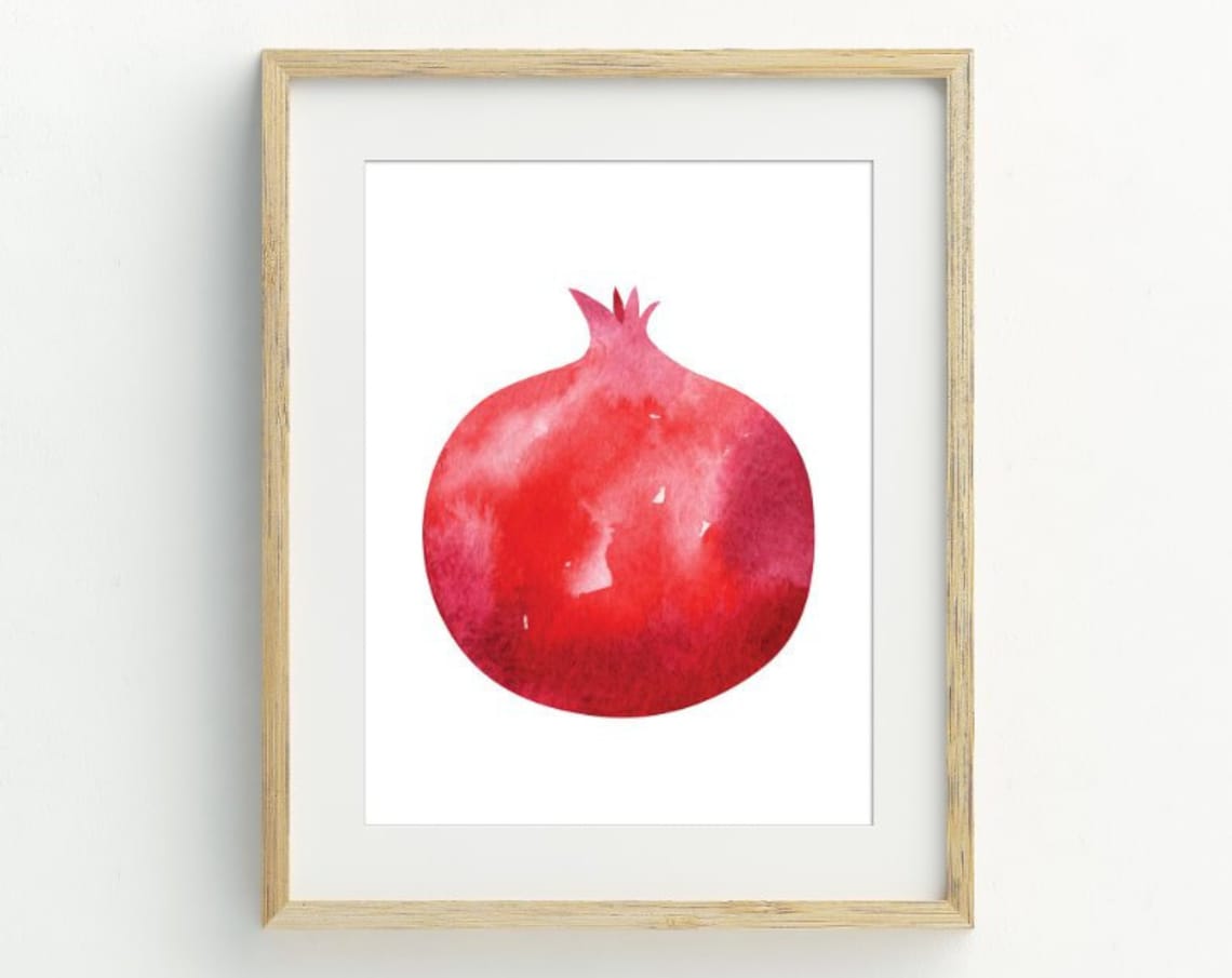 Watercolor Red Pomegranate Minimalist Fruit Kitchen Wall Art Print