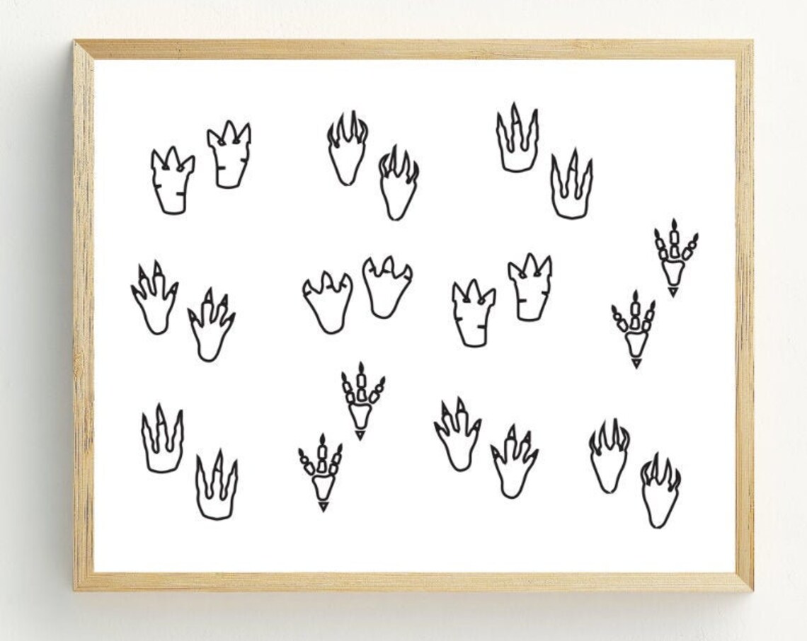 Dinosaur Footprints Black White Line Art Kids Dinosaur Wall Art Print