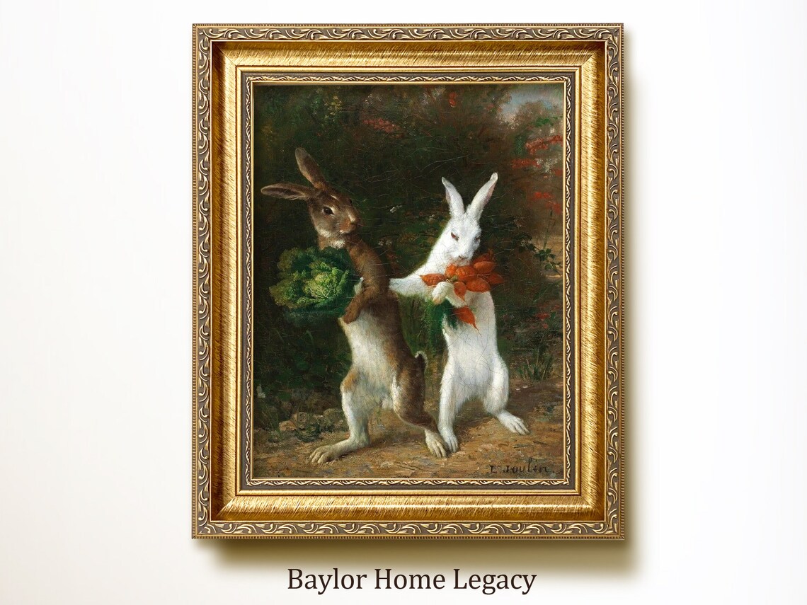 Walking Rabbits Antique Oil Painting Art Print