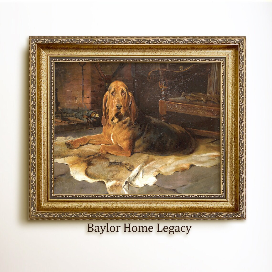 Bloodhound Laying on a Deerskin, Oil Painting Print